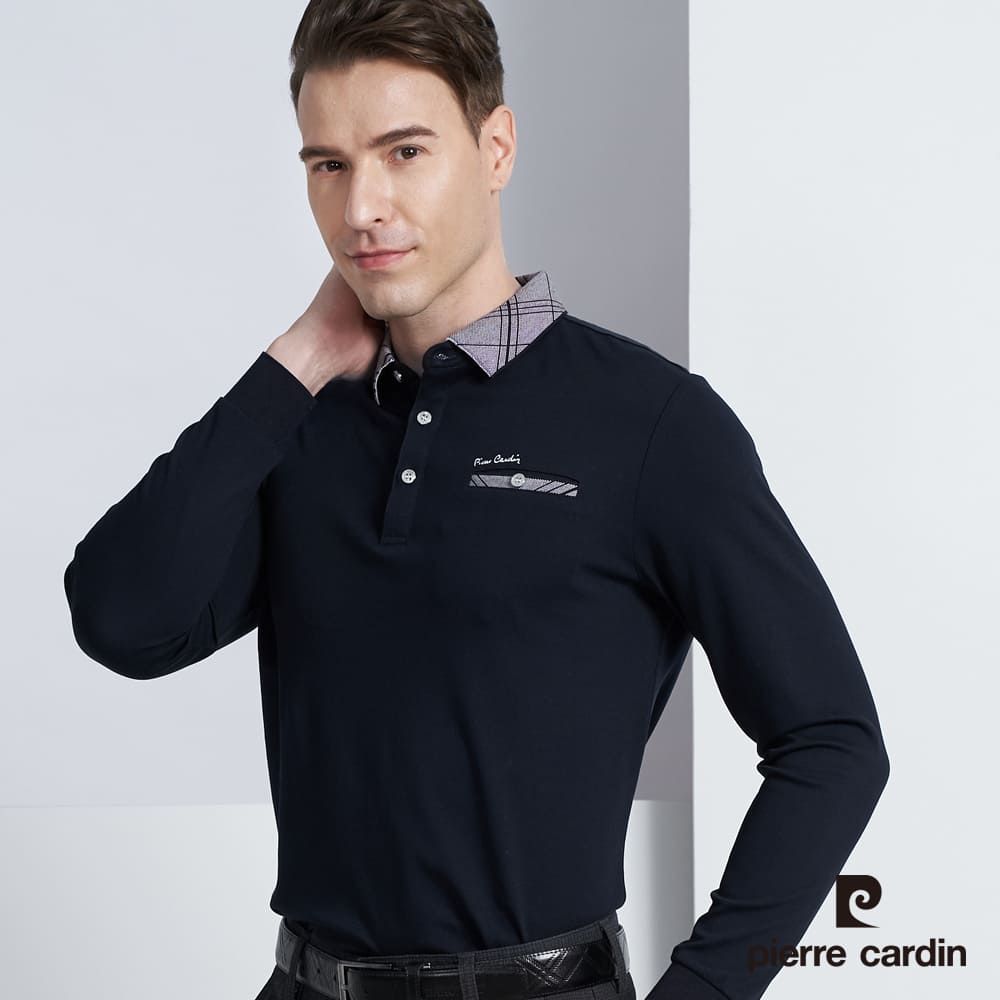 Pierre Cardin 皮爾卡登 男款 棉質混紡素色長袖POLO衫-深藍色 (5225293-38)