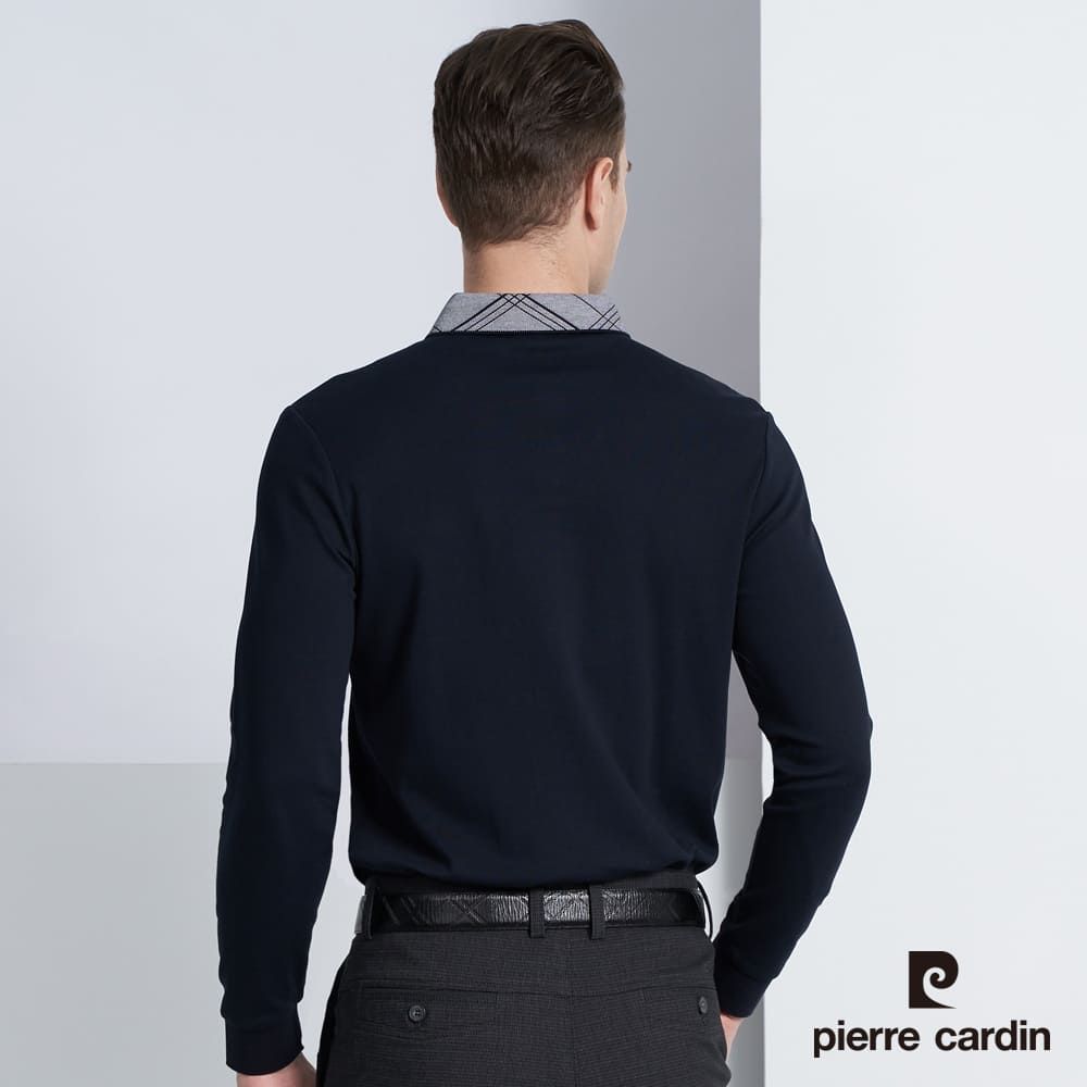 Pierre Cardin 皮爾卡登 男款 棉質混紡素色長袖POLO衫-深藍色 (5225293-38)