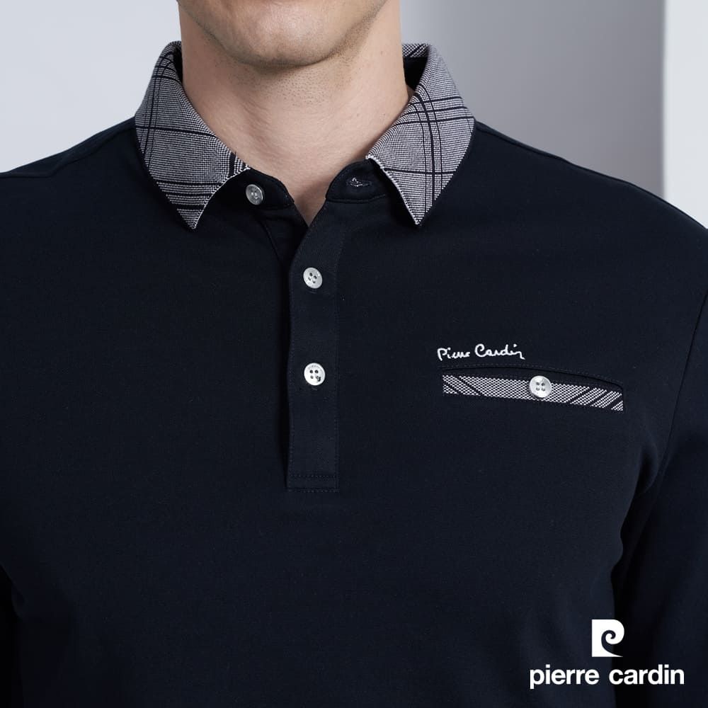 Pierre Cardin 皮爾卡登 男款 棉質混紡素色長袖POLO衫-深藍色 (5225293-38)