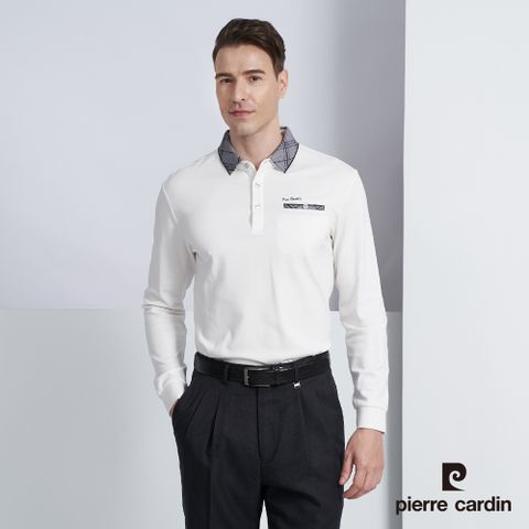 【pierre cardin 皮爾卡登】男款 棉質混紡素色長袖POLO衫-白色 (5225293-90)