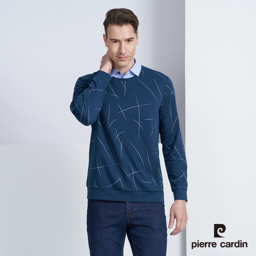 Pierre Cardin 皮爾卡登 男款 棉質混紡襯衫領假兩件印花長袖POLO衫-湖綠色 (5225294-47)