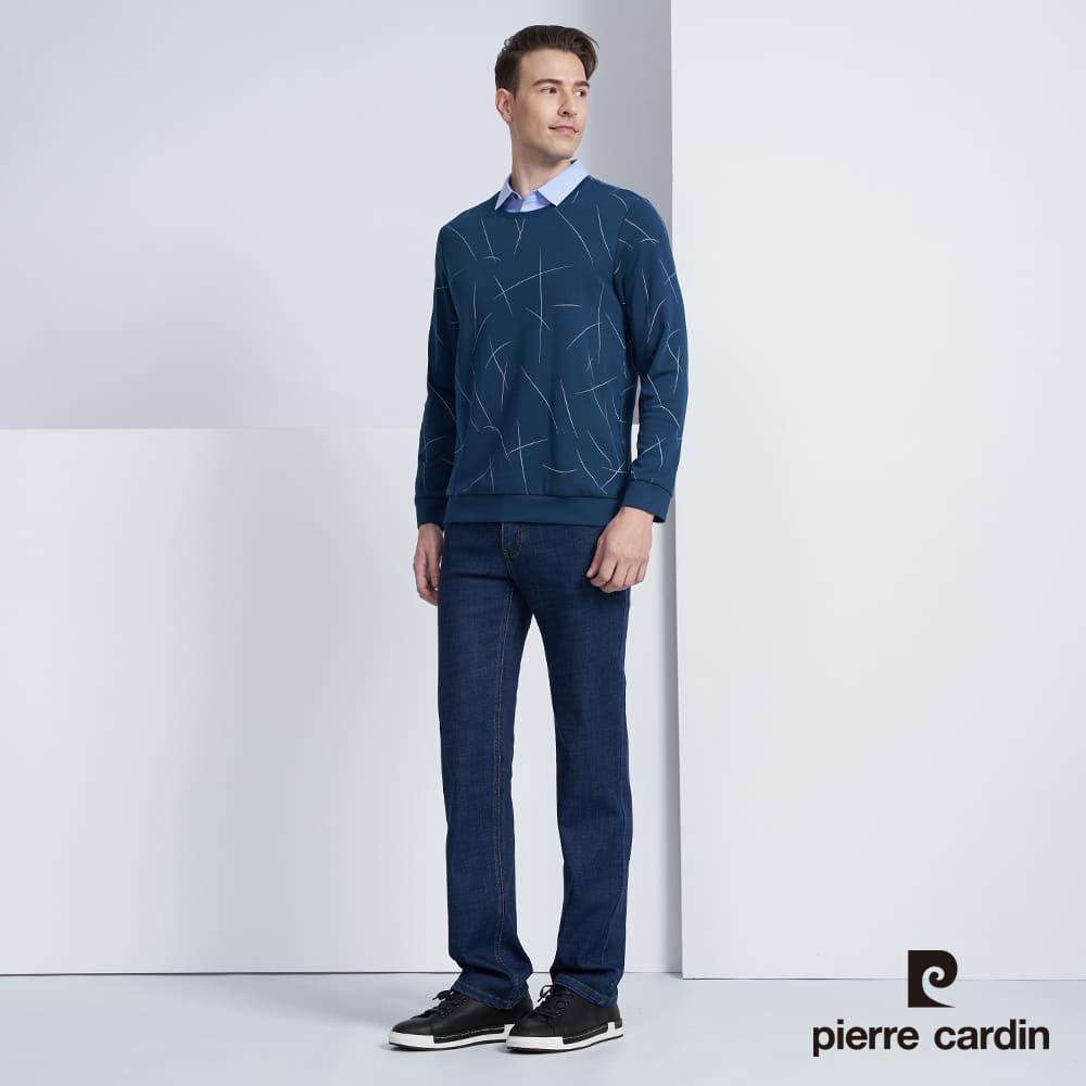 Pierre Cardin 皮爾卡登 男款 棉質混紡襯衫領假兩件印花長袖POLO衫-湖綠色 (5225294-47)