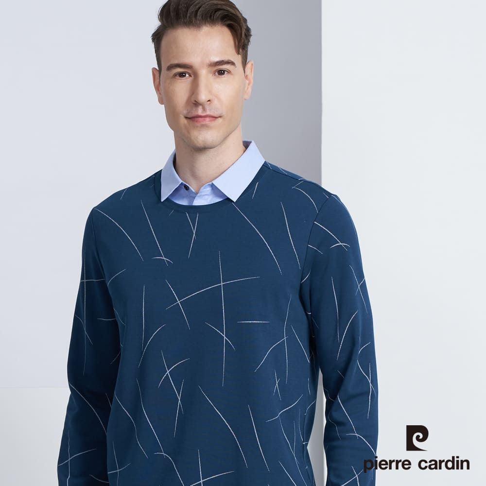 Pierre Cardin 皮爾卡登 男款 棉質混紡襯衫領假兩件印花長袖POLO衫-湖綠色 (5225294-47)