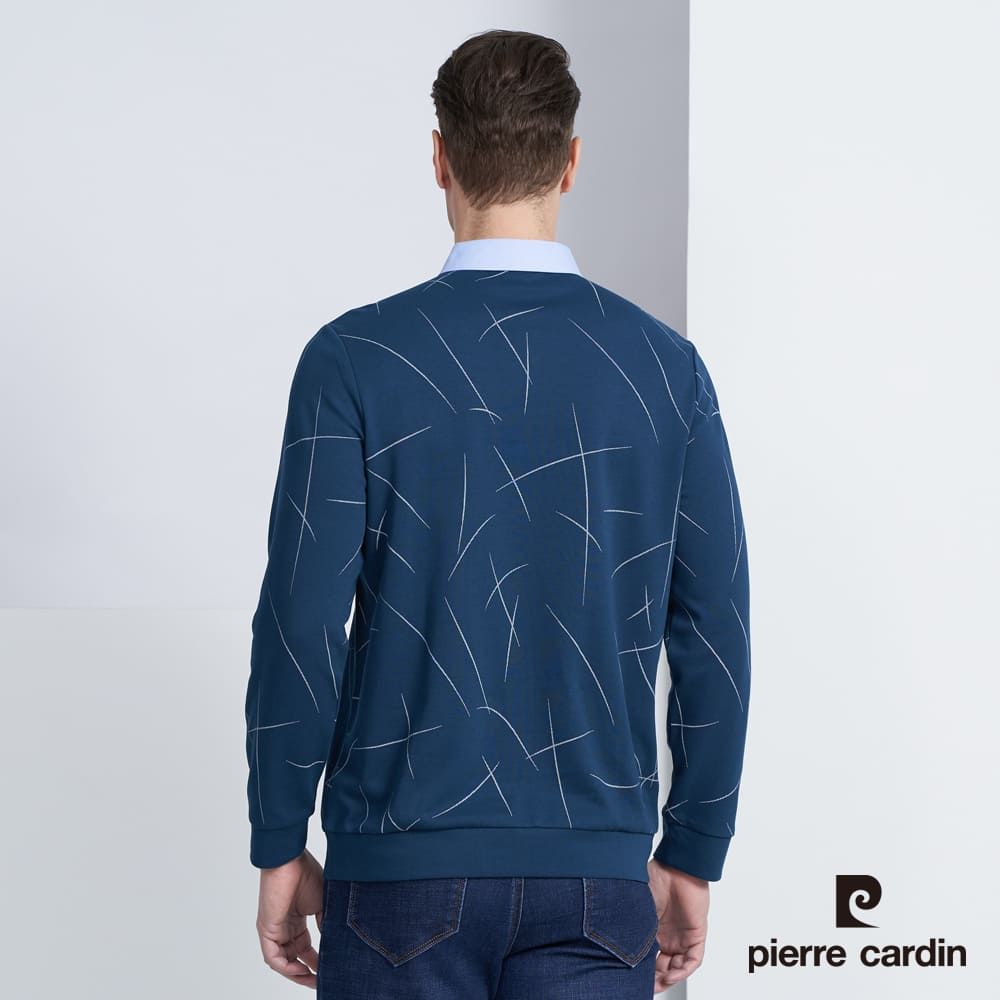 Pierre Cardin 皮爾卡登 男款 棉質混紡襯衫領假兩件印花長袖POLO衫-湖綠色 (5225294-47)