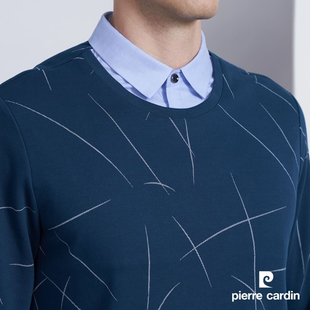 Pierre Cardin 皮爾卡登 男款 棉質混紡襯衫領假兩件印花長袖POLO衫-湖綠色 (5225294-47)