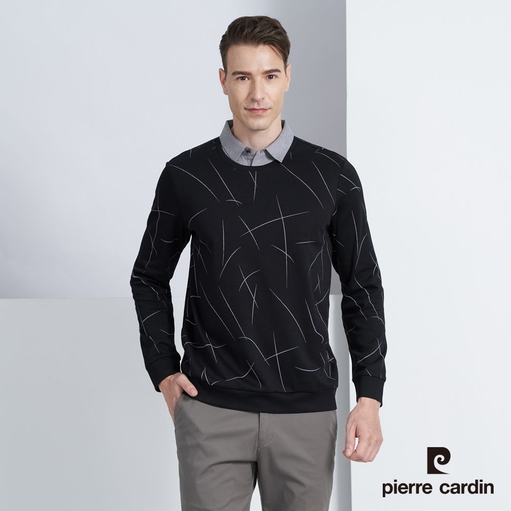 Pierre Cardin 皮爾卡登 男款 棉質混紡假兩件襯衫領印花長袖POLO衫-黑色 (5225294-99)