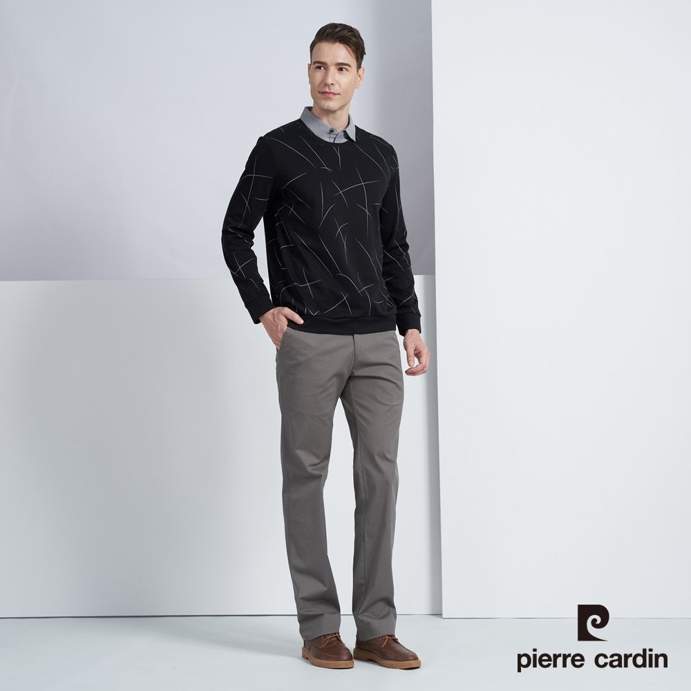 Pierre Cardin 皮爾卡登 男款 棉質混紡假兩件襯衫領印花長袖POLO衫-黑色 (5225294-99)