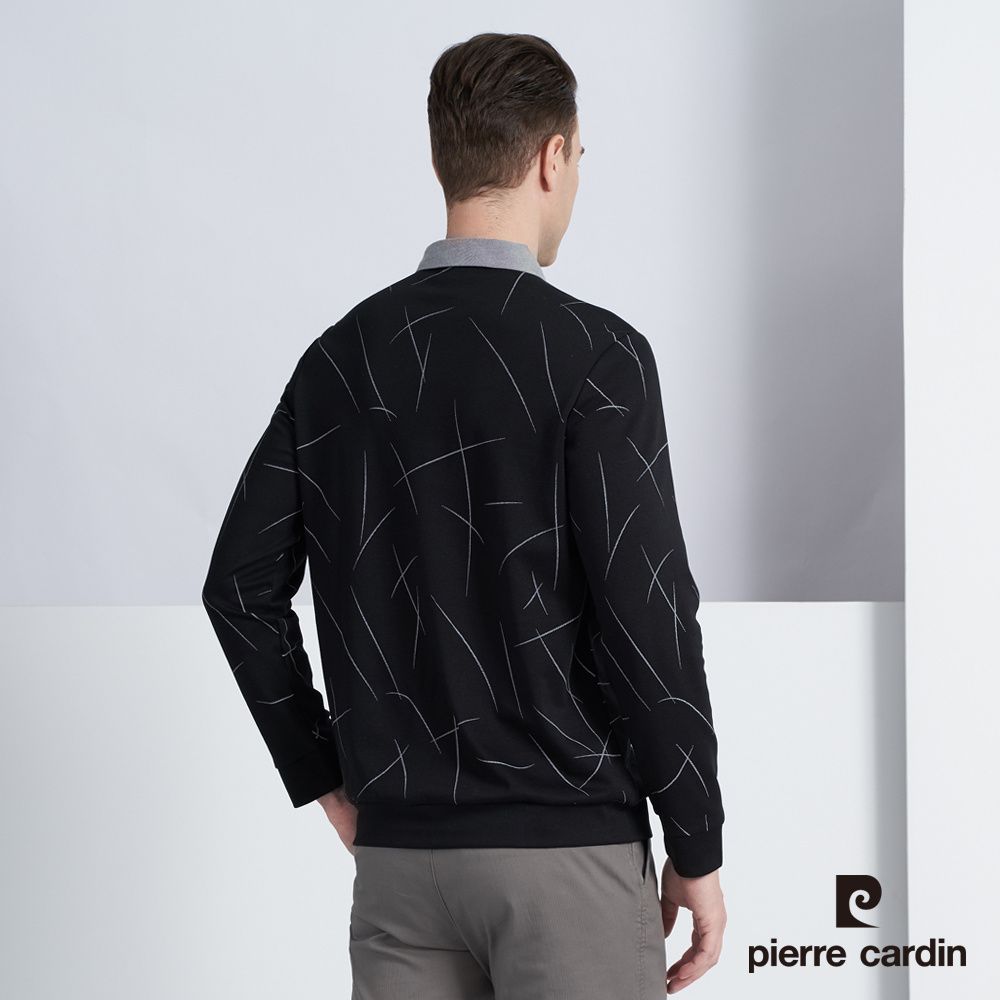 Pierre Cardin 皮爾卡登 男款 棉質混紡假兩件襯衫領印花長袖POLO衫-黑色 (5225294-99)