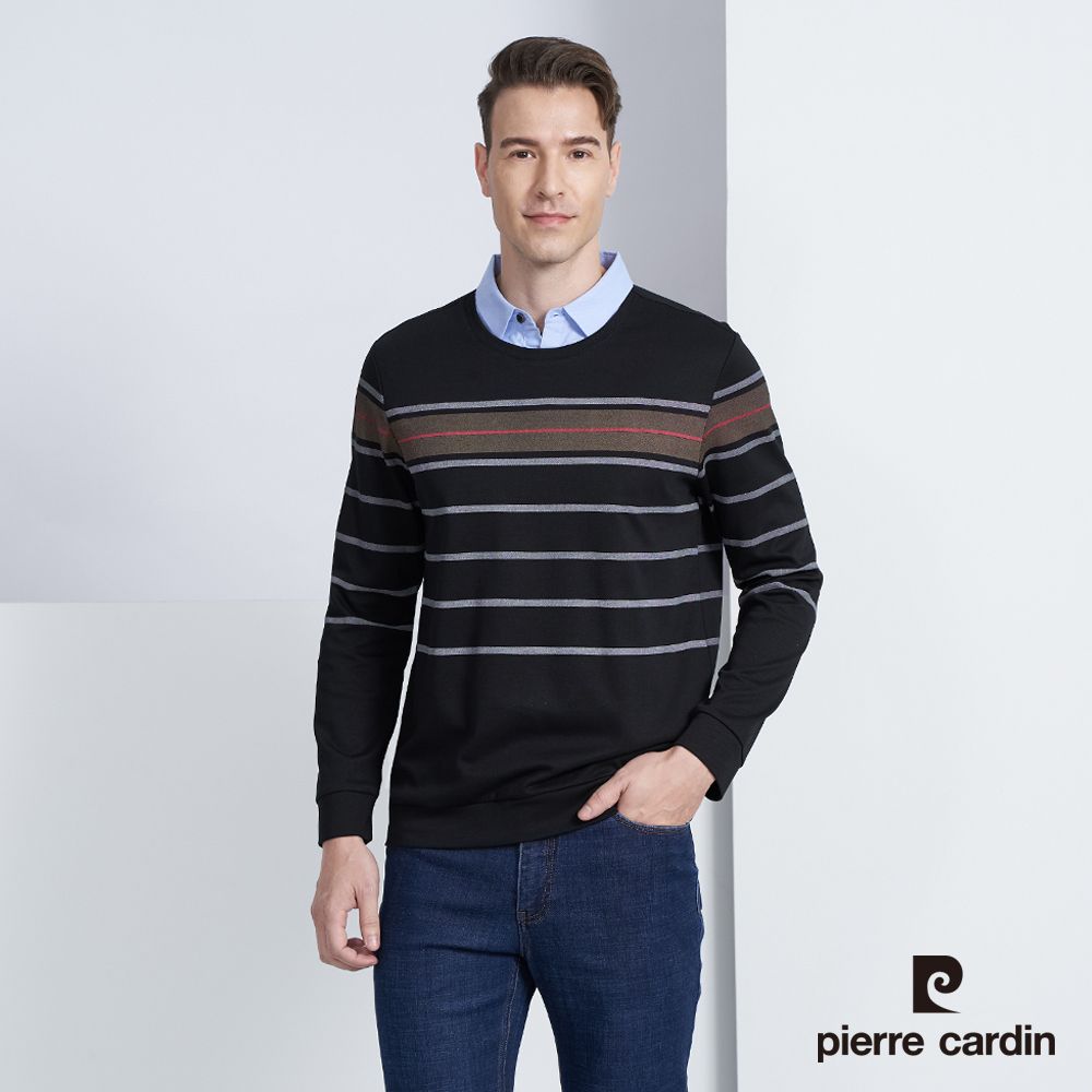 Pierre Cardin 皮爾卡登 男款 棉質混紡假兩件襯衫領條紋印花長袖POLO衫-黑色 (5225295-99)