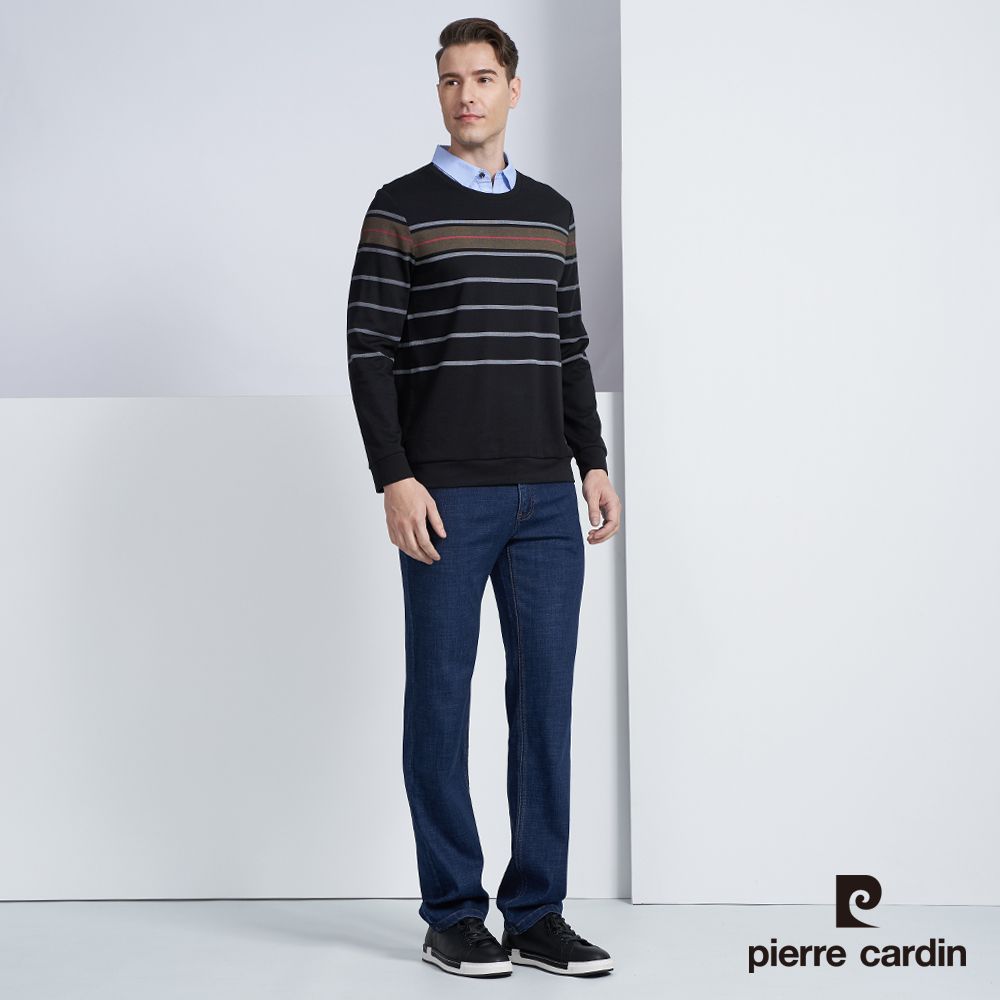 Pierre Cardin 皮爾卡登 男款 棉質混紡假兩件襯衫領條紋印花長袖POLO衫-黑色 (5225295-99)