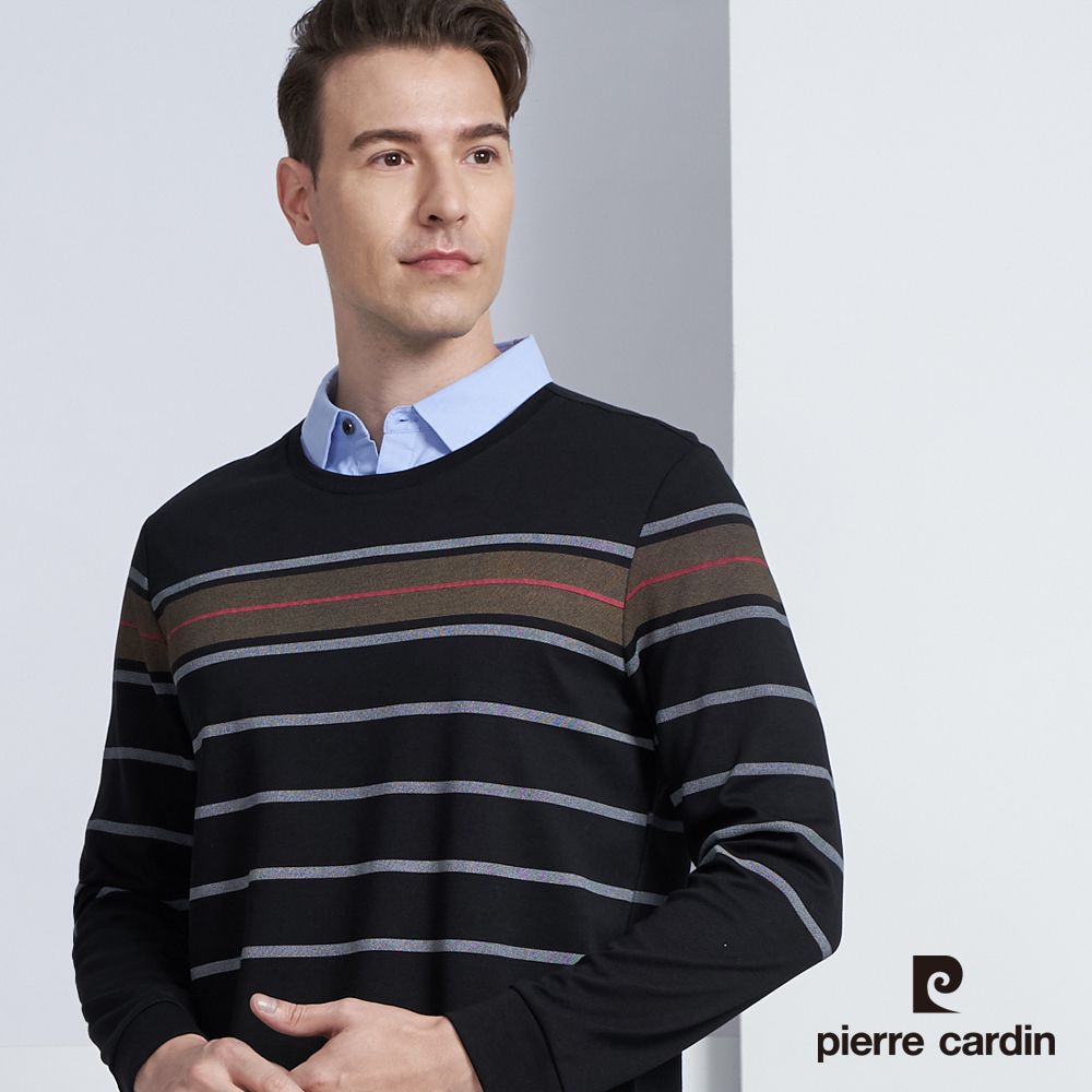 Pierre Cardin 皮爾卡登 男款 棉質混紡假兩件襯衫領條紋印花長袖POLO衫-黑色 (5225295-99)