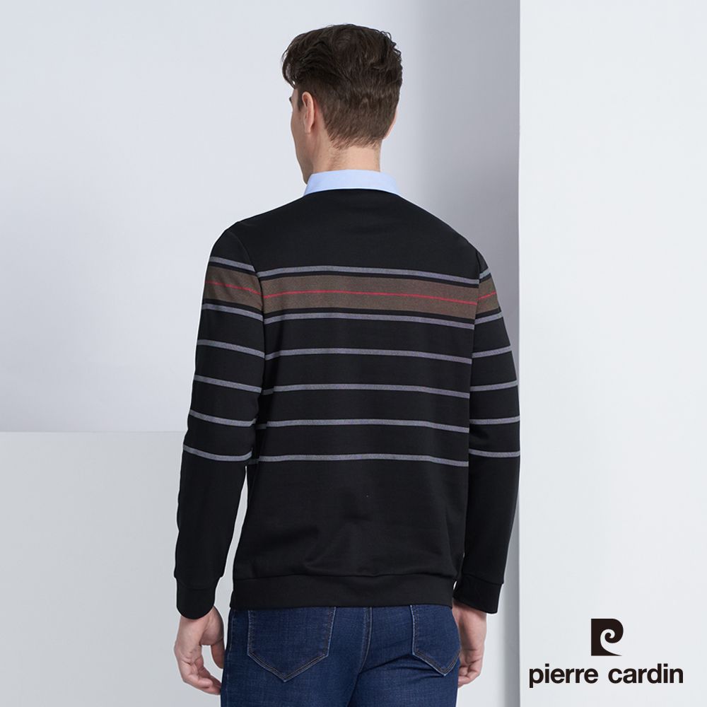 Pierre Cardin 皮爾卡登 男款 棉質混紡假兩件襯衫領條紋印花長袖POLO衫-黑色 (5225295-99)