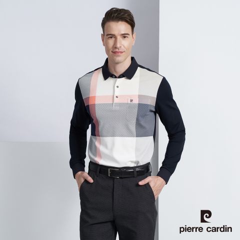 Pierre Cardin 皮爾卡登 男款 棉質混紡大定位格紋印花長袖POLO衫-丈青色 (5225297-38)