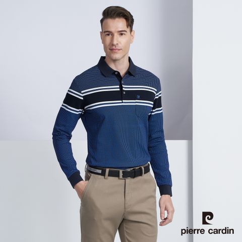 【pierre cardin 皮爾卡登】男款 棉質混紡定位橫條紋印花長袖POLO衫-深藍色 (5225298-38)