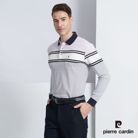 Pierre Cardin 皮爾卡登 男款 棉質混紡定位橫條紋印花長袖POLO衫-白色 (5225298-90)