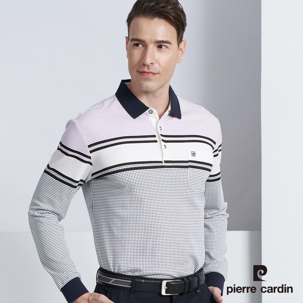 Pierre Cardin 皮爾卡登 男款 棉質混紡定位橫條紋印花長袖POLO衫-白色 (5225298-90)