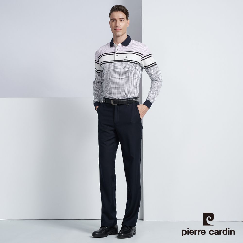 Pierre Cardin 皮爾卡登 男款 棉質混紡定位橫條紋印花長袖POLO衫-白色 (5225298-90)