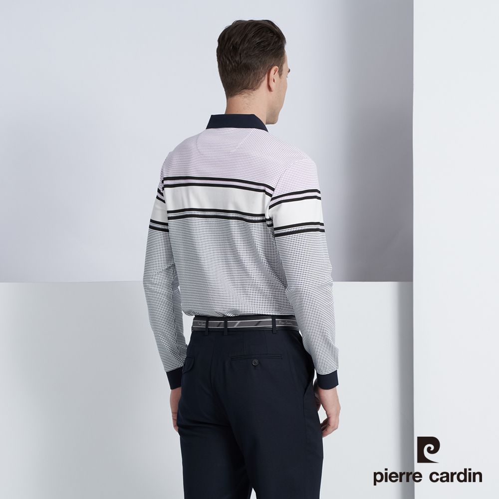 Pierre Cardin 皮爾卡登 男款 棉質混紡定位橫條紋印花長袖POLO衫-白色 (5225298-90)