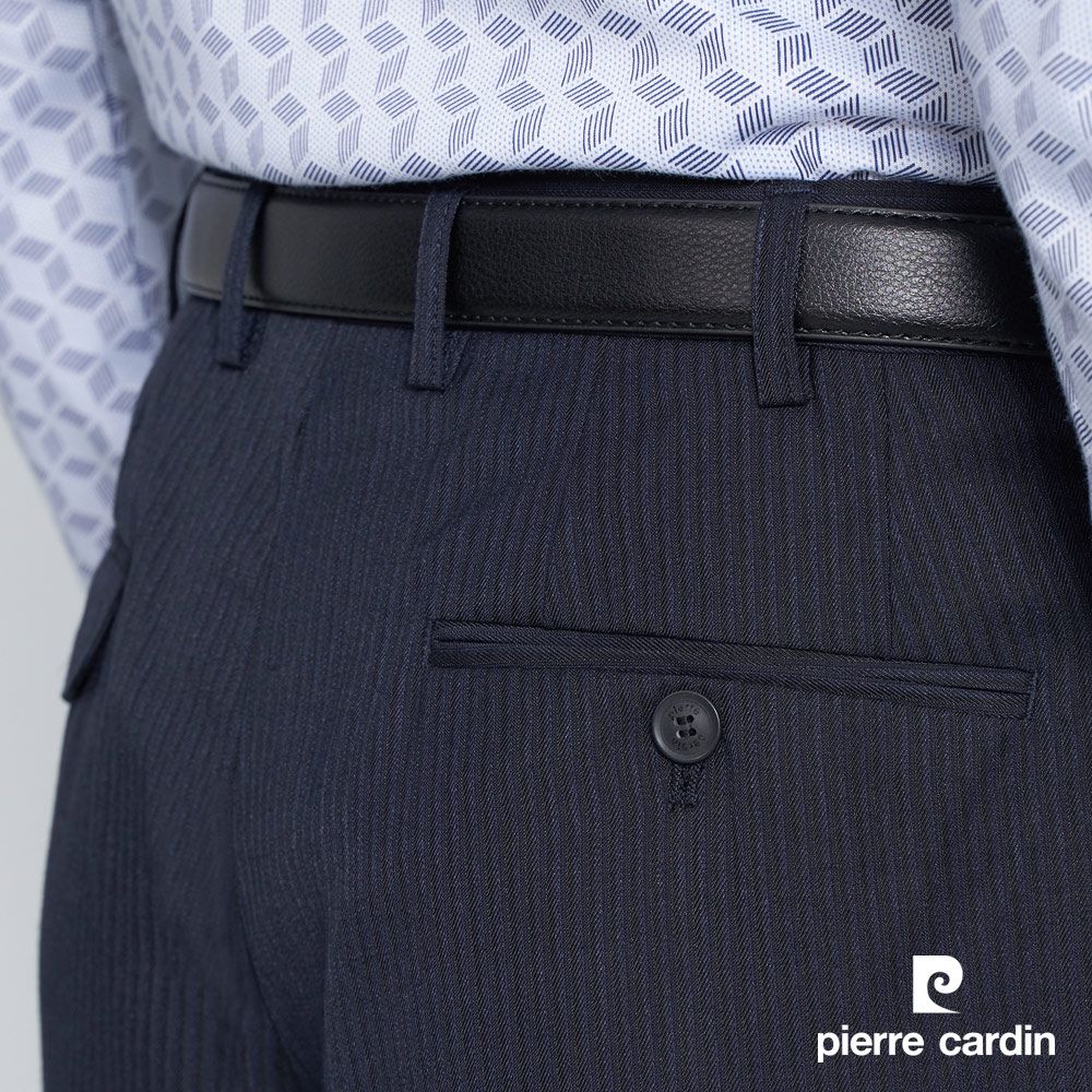 Pierre Cardin 皮爾卡登 男款 混紡毛料彈性伸縮腰頭打摺西裝褲-丈青色(5225812-38)