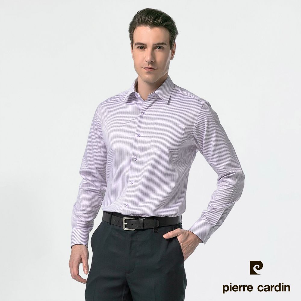 Pierre Cardin 皮爾卡登 男襯衫 合身版除臭速乾咖啡紗條紋長袖襯衫_白底粉紫條(62861-21)