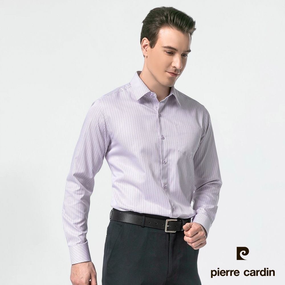 Pierre Cardin 皮爾卡登 男襯衫 合身版除臭速乾咖啡紗條紋長袖襯衫_白底粉紫條(62861-21)