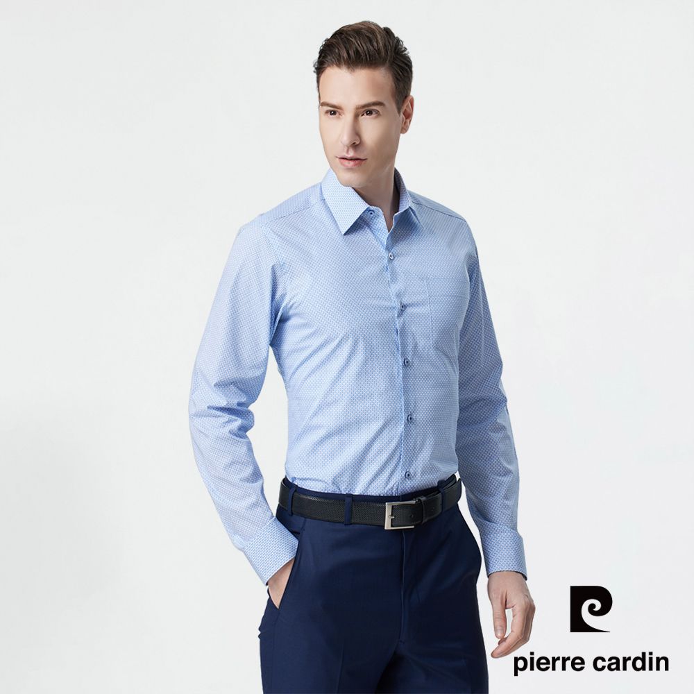 Pierre Cardin 皮爾卡登 男襯衫 合身版純棉都市潮流休閒印花長袖襯衫_白底藍印花(23918-30)