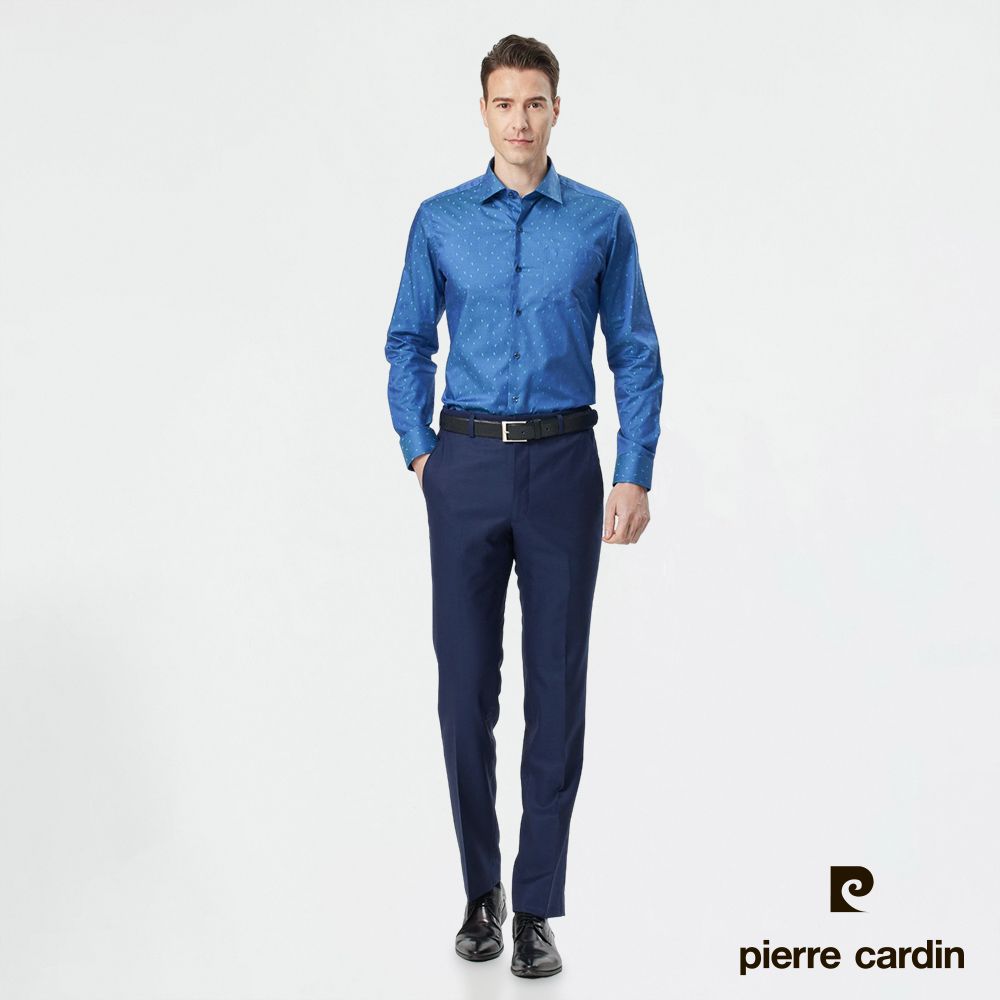 Pierre Cardin 皮爾卡登 男襯衫 進口素材合身版純棉潮流藝術印花長袖襯衫_典雅藍(81823-37)