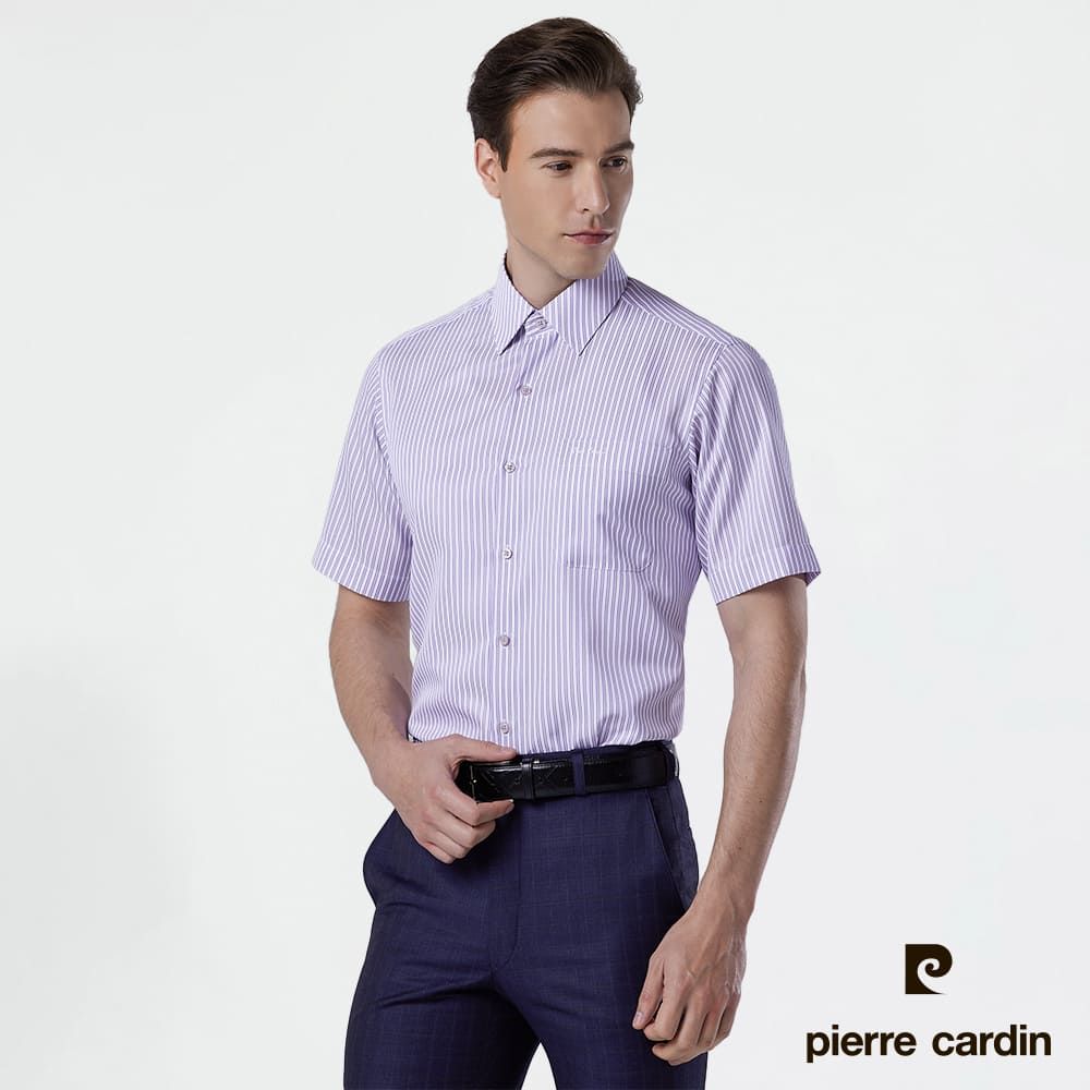 Pierre Cardin 皮爾卡登 男襯衫 吸排除臭功能免燙抗皺條紋短袖襯衫_白底紫條(62257-22)