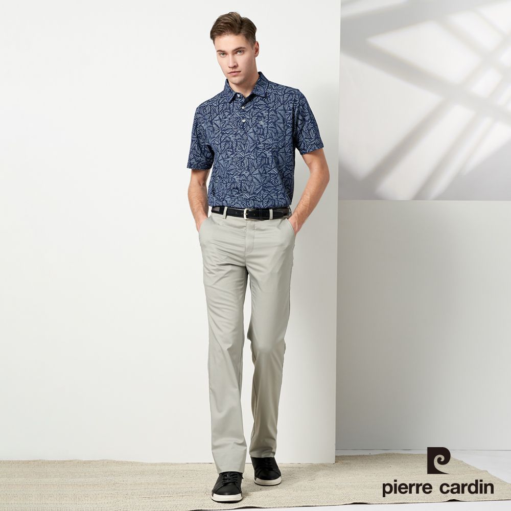 Pierre Cardin 皮爾卡登 男款 吸濕排汗彈性印花短袖襯衫領polo衫-深藍色 (5237202-38)