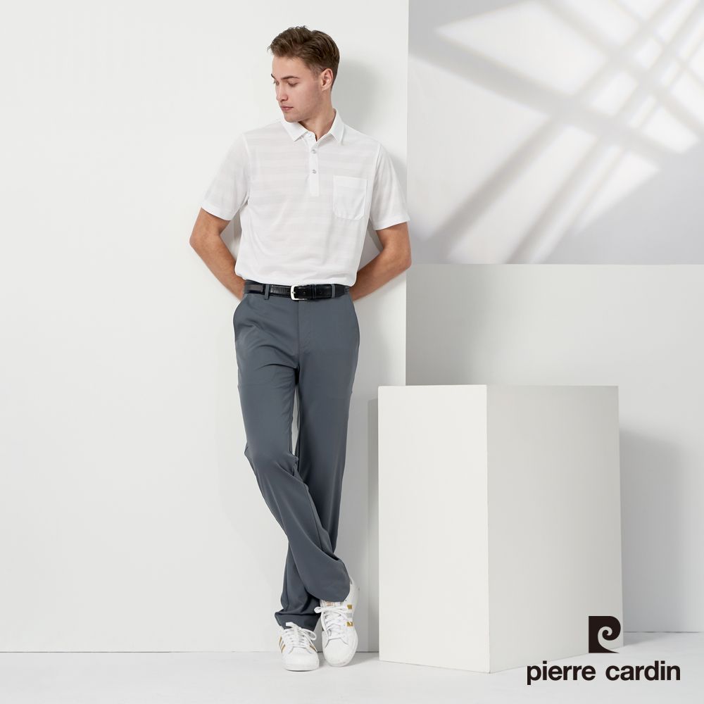 Pierre Cardin 皮爾卡登 男款 吸濕排汗緹花襯衫領短袖polo衫-白色 (5237206-90)