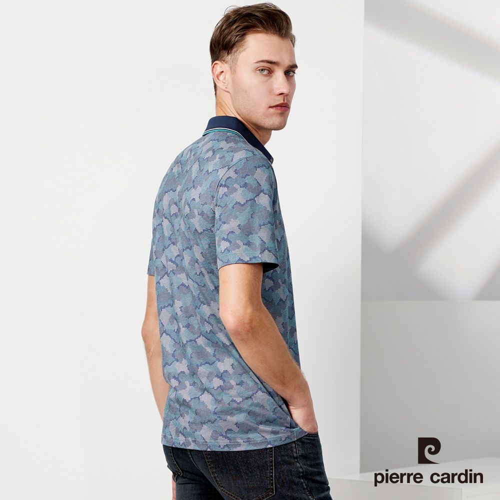 Pierre Cardin 皮爾卡登 男款 棉質混紡迷彩印花短袖POLO衫-藍綠色 (5237208-37)