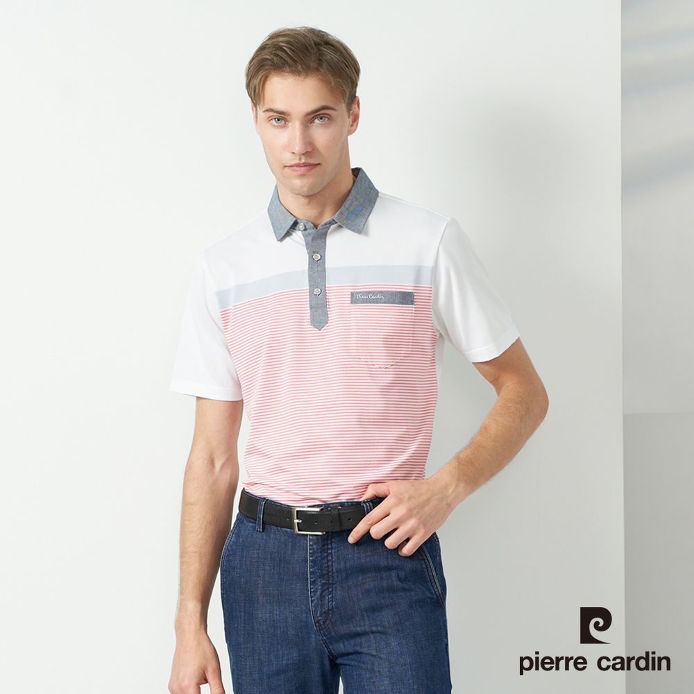 Pierre Cardin 皮爾卡登 男款 吸濕排汗彈性襯衫領定位條紋短袖polo衫-白色 (5237205-90)