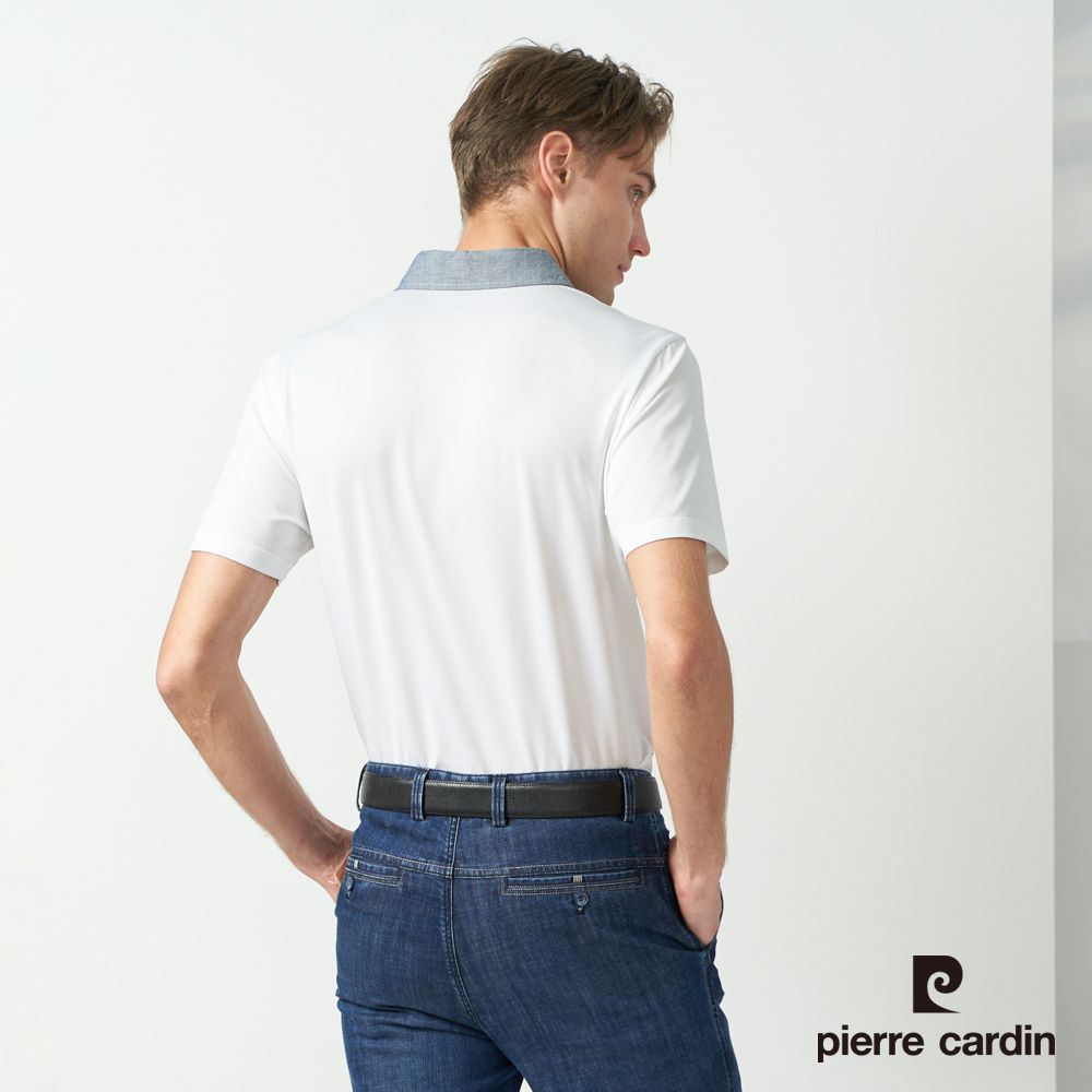 Pierre Cardin 皮爾卡登 男款 吸濕排汗彈性襯衫領定位條紋短袖polo衫-白色 (5237205-90)