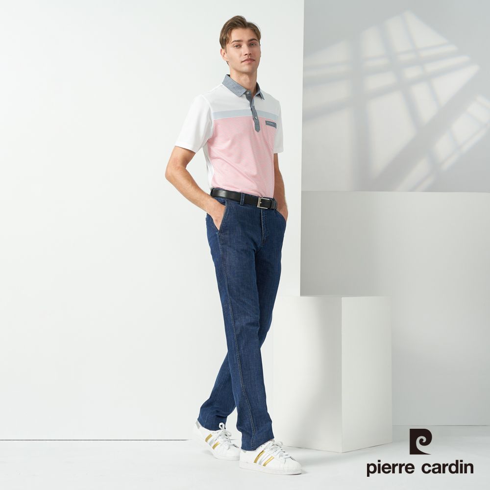 Pierre Cardin 皮爾卡登 男款 吸濕排汗彈性襯衫領定位條紋短袖polo衫-白色 (5237205-90)