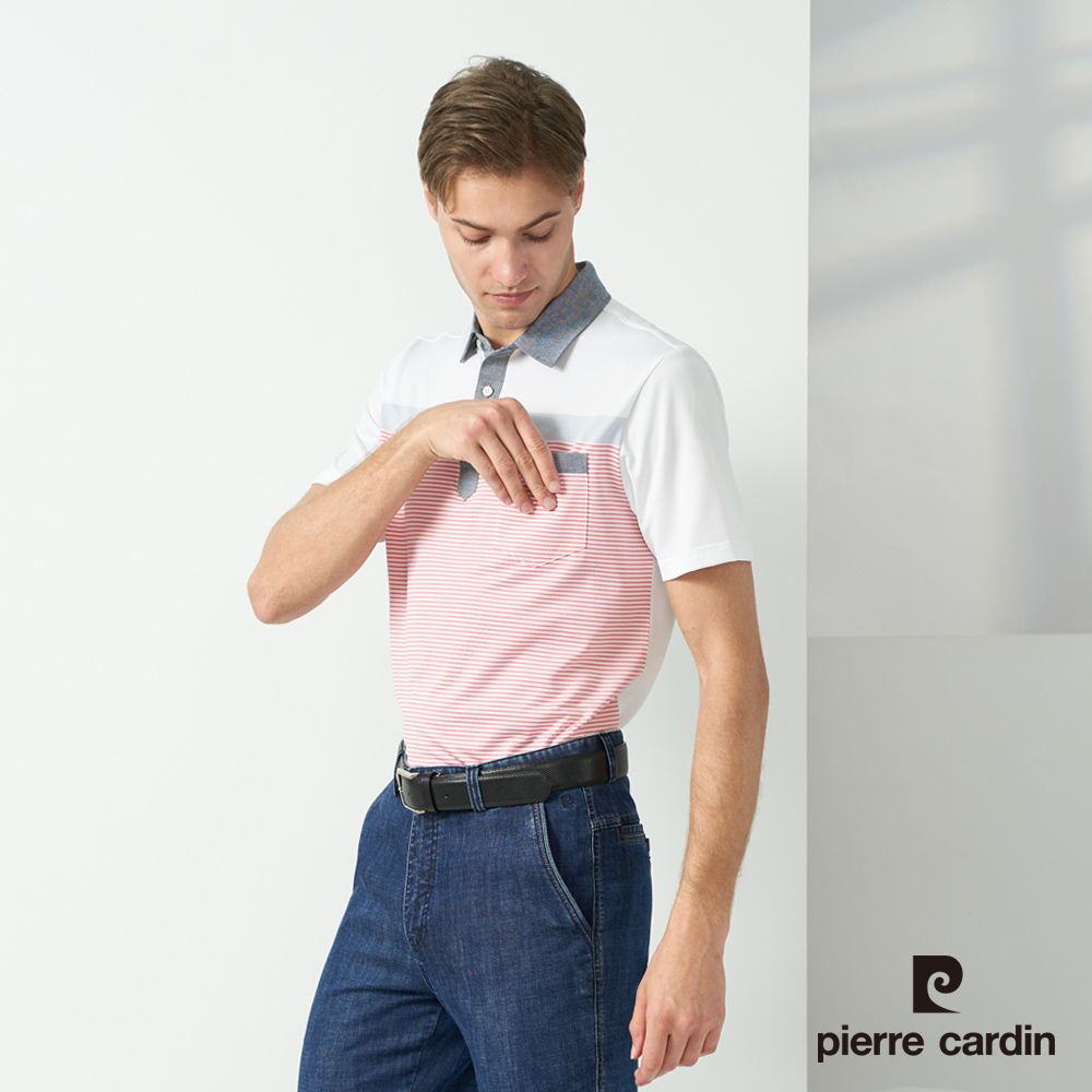 Pierre Cardin 皮爾卡登 男款 吸濕排汗彈性襯衫領定位條紋短袖polo衫-白色 (5237205-90)