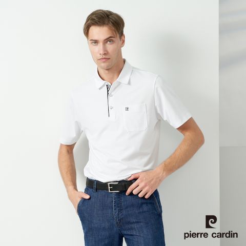【pierre cardin 皮爾卡登】男款 吸濕排汗彈性素色襯衫領短袖polo衫-白色 (5237207-90)