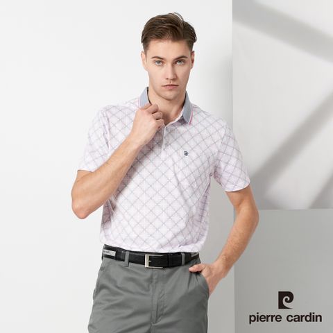 Pierre Cardin 皮爾卡登 男款 棉質混紡點點方格印花短袖POLO衫-粉紅色 (5237252-75)