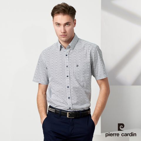 Pierre Cardin 皮爾卡登 男款 進口純棉印花短袖襯衫-白色 (5237161-90)