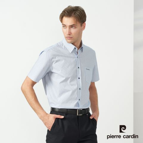 【pierre cardin 皮爾卡登】男款 純棉直條印花短袖襯衫-藍色 (5237162-37)