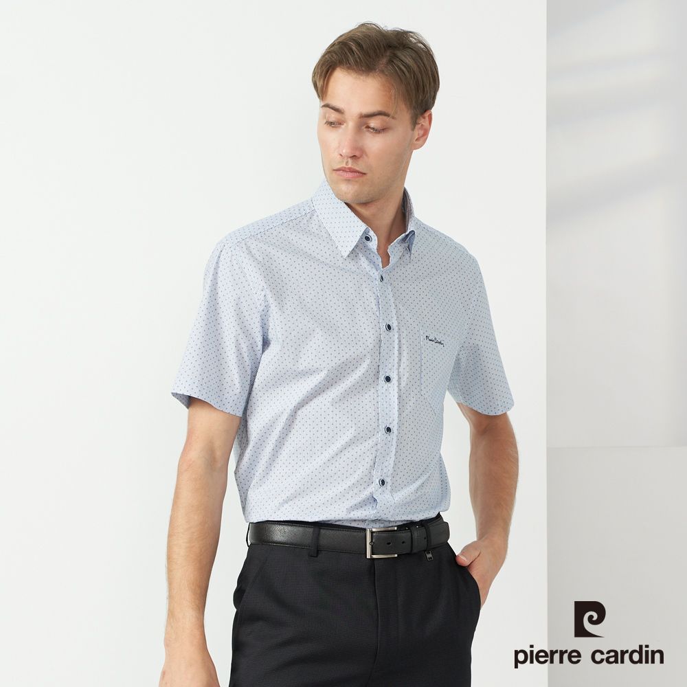 Pierre Cardin 皮爾卡登 男款 純棉直條印花短袖襯衫-藍色 (5237162-37)