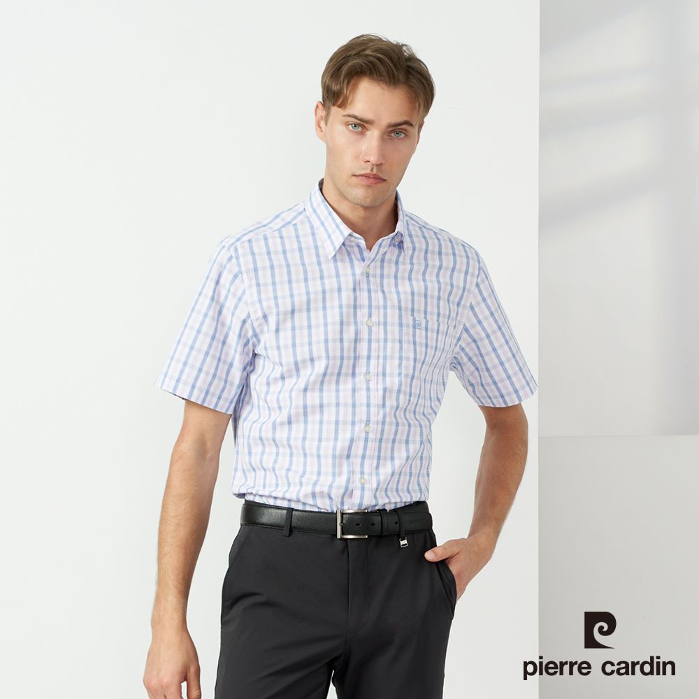 Pierre Cardin 皮爾卡登 男款 混棉格紋短袖襯衫-藍色 (5237164-35)