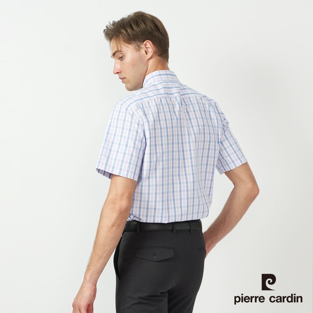 Pierre Cardin 皮爾卡登 男款 混棉格紋短袖襯衫-藍色 (5237164-35)