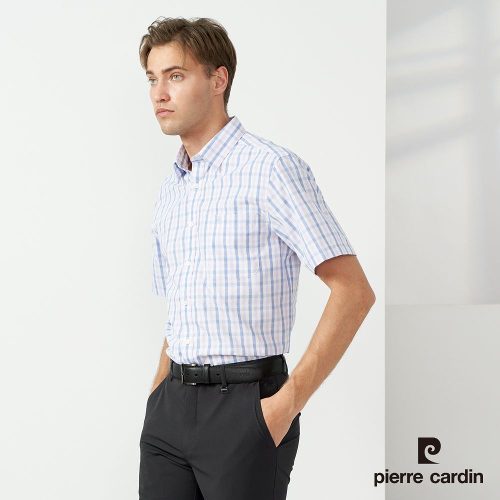 Pierre Cardin 皮爾卡登 男款 混棉格紋短袖襯衫-藍色 (5237164-35)