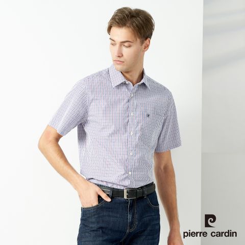 【pierre cardin 皮爾卡登】男款 混棉格紋短袖襯衫-深藍色 (5237165-38)