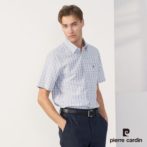 【pierre cardin 皮爾卡登】男款 混棉格紋短袖襯衫-藍色 (5237166-37)
