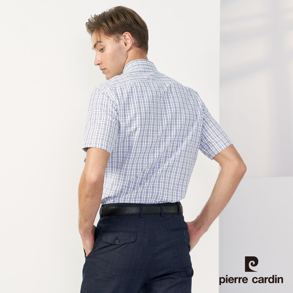 Pierre Cardin 皮爾卡登 男款 混棉格紋短袖襯衫-藍色 (5237166-37)