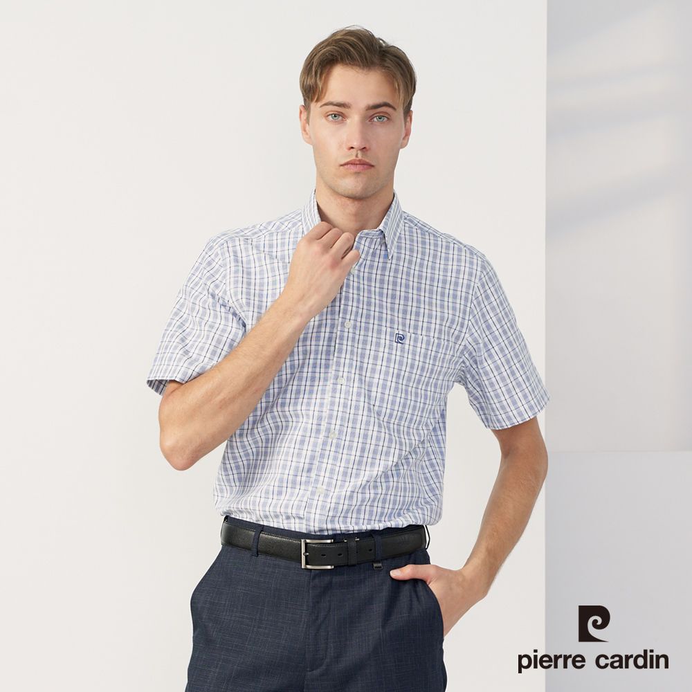 Pierre Cardin 皮爾卡登 男款 混棉格紋短袖襯衫-藍色 (5237166-37)