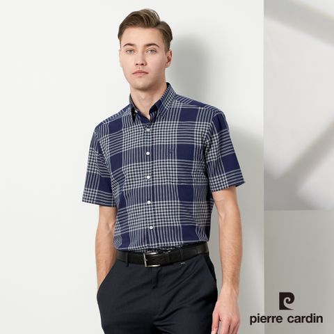 【pierre cardin 皮爾卡登】男款 純棉格紋短袖襯衫-深藍色 (5237167-38)