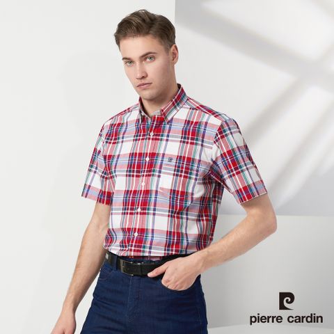 【pierre cardin 皮爾卡登】男款 純棉格紋短袖襯衫-紅色 (5237168-78)