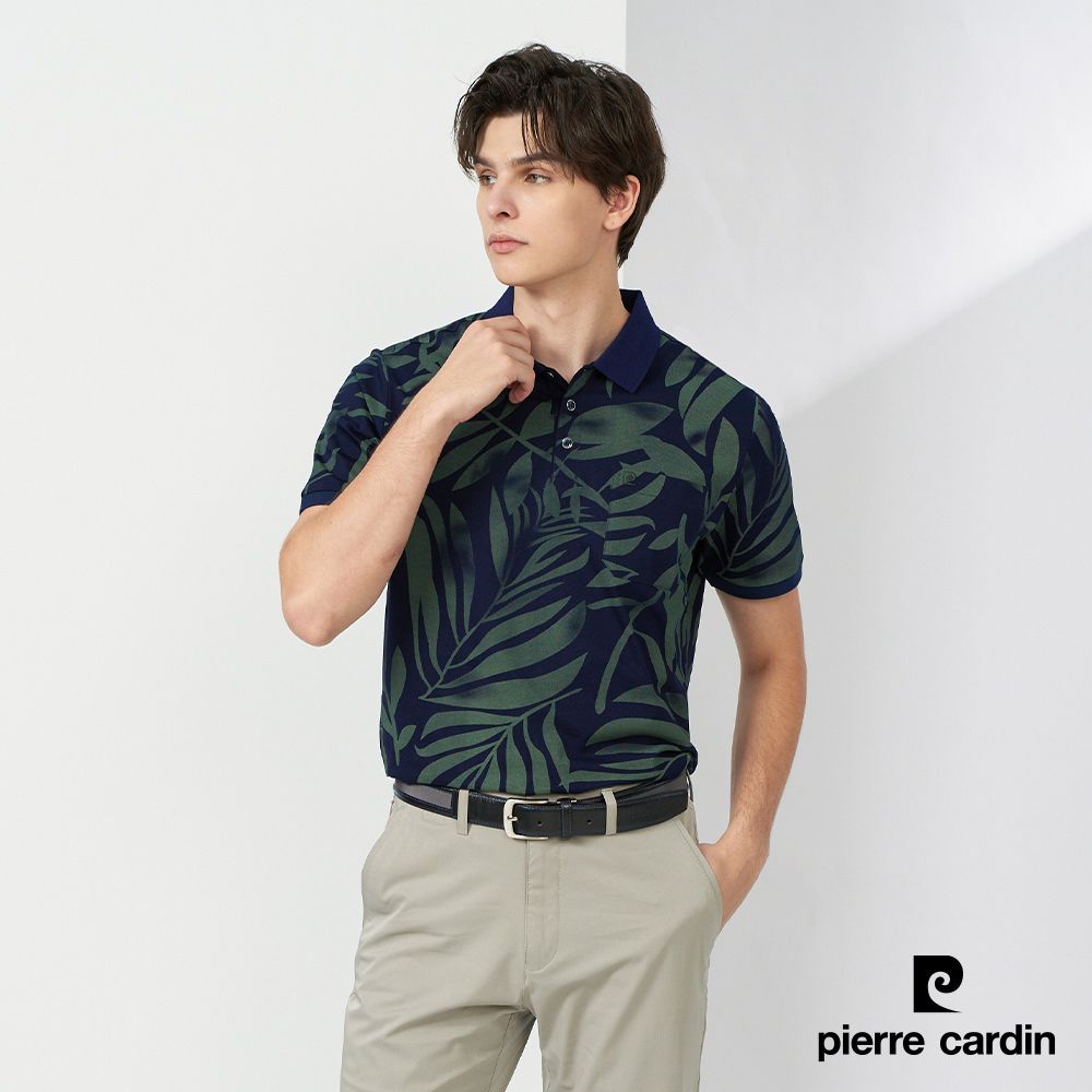 Pierre Cardin 皮爾卡登  男裝 純絲光棉葉子印花短袖POLO衫-深藍色 (5237218-38)